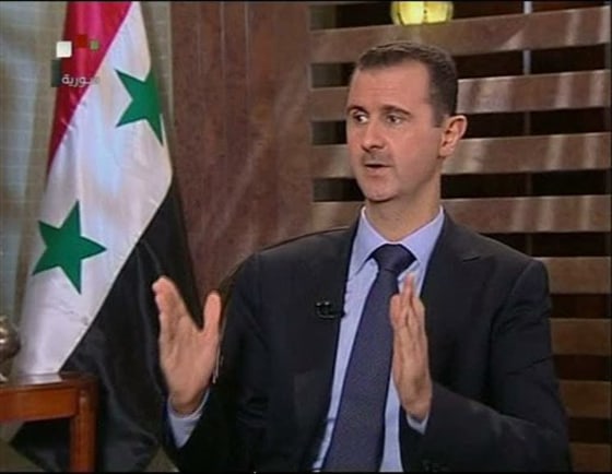 In an image from a Syrian state television interview on Sunday, Syrian President Bashar Assad says his security forces are making gains against a 5-month-old uprising and says his government is in no danger of falling. 